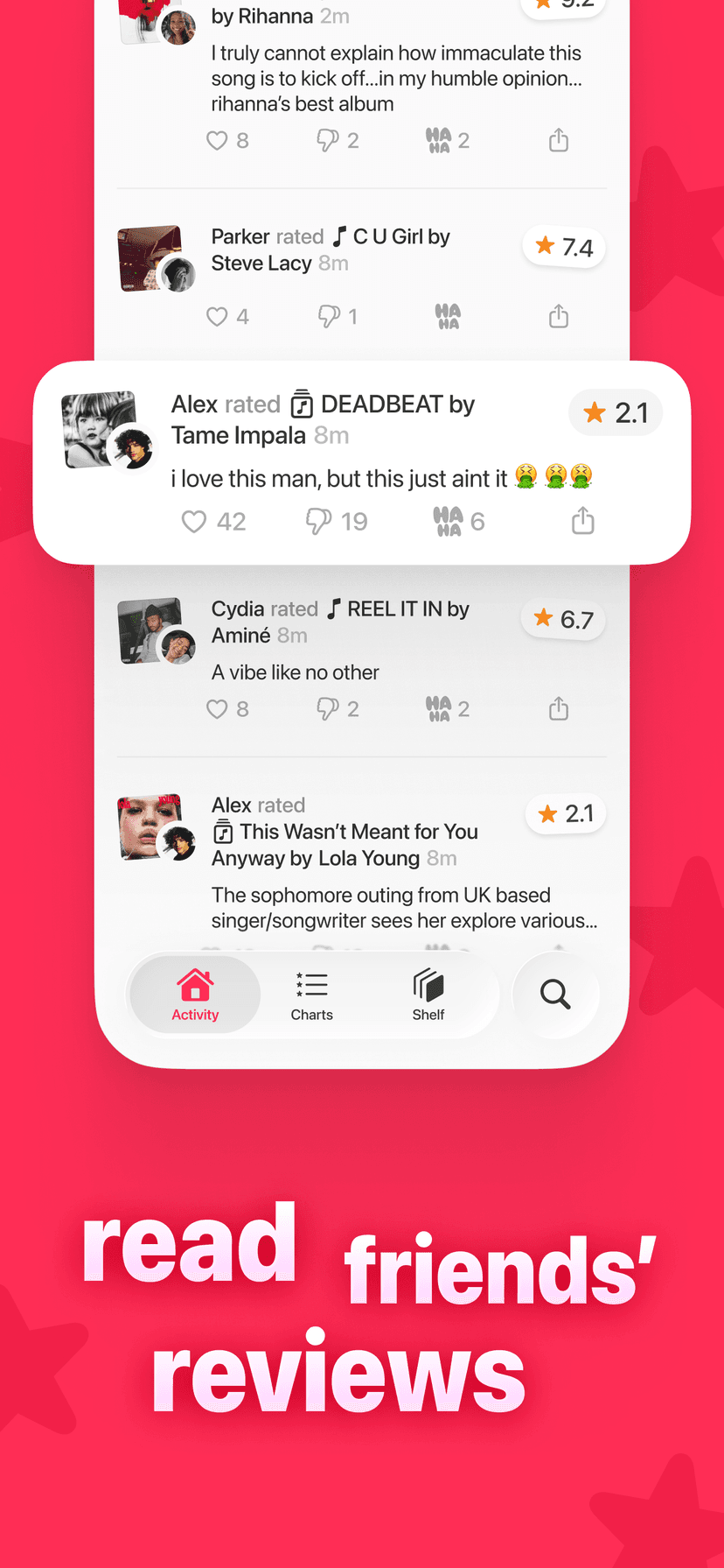 The Rate.fm feed: friends playing, rating and reviewing music
