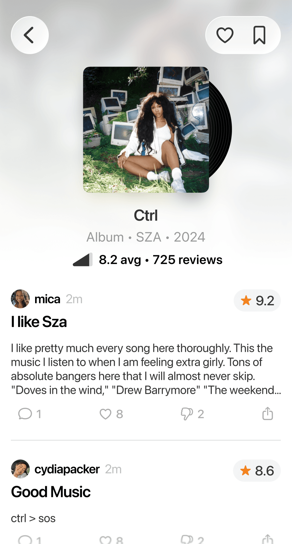 An album page in Rate.fm: Ctrl by SZA with an 8.2 average across 725 reviews