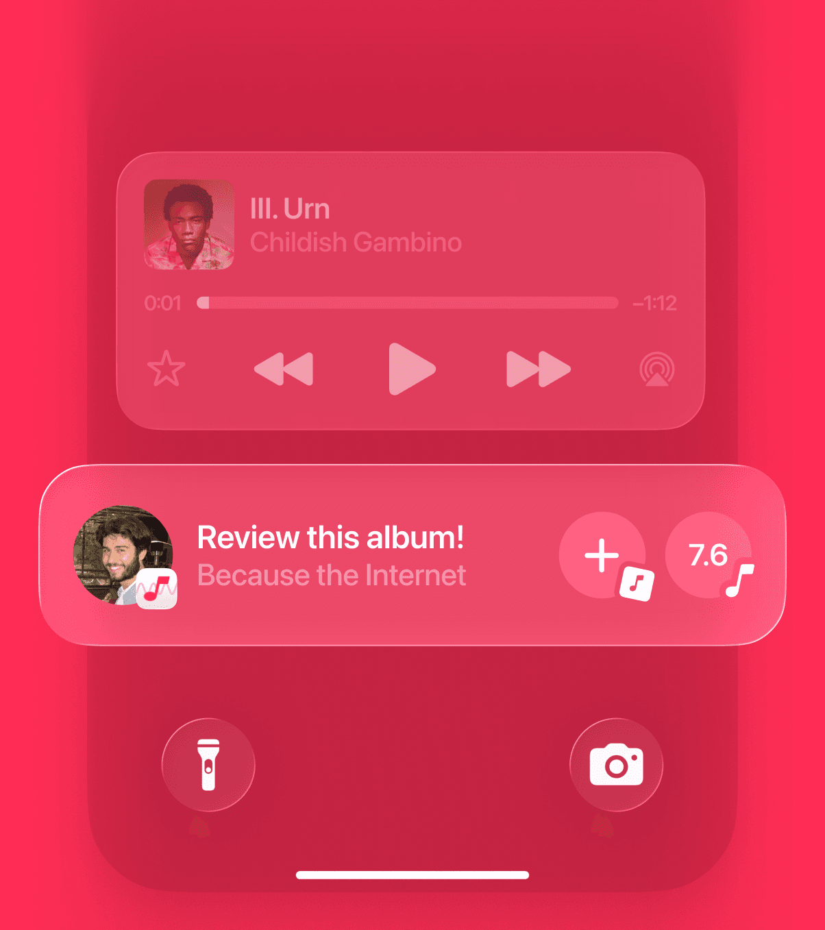 An iPhone Lock Screen playing Childish Gambino, with a Rate.fm prompt underneath reading “Review this album!” and a 7.6 score button